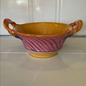 Vintage Pink & Orange Hand Painted Large Italian Ceramic Bowl w/Handles
